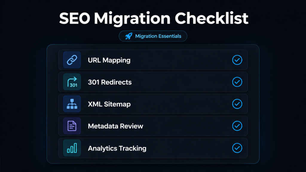SEO migration checklist for website design for mergers and acquisitions.