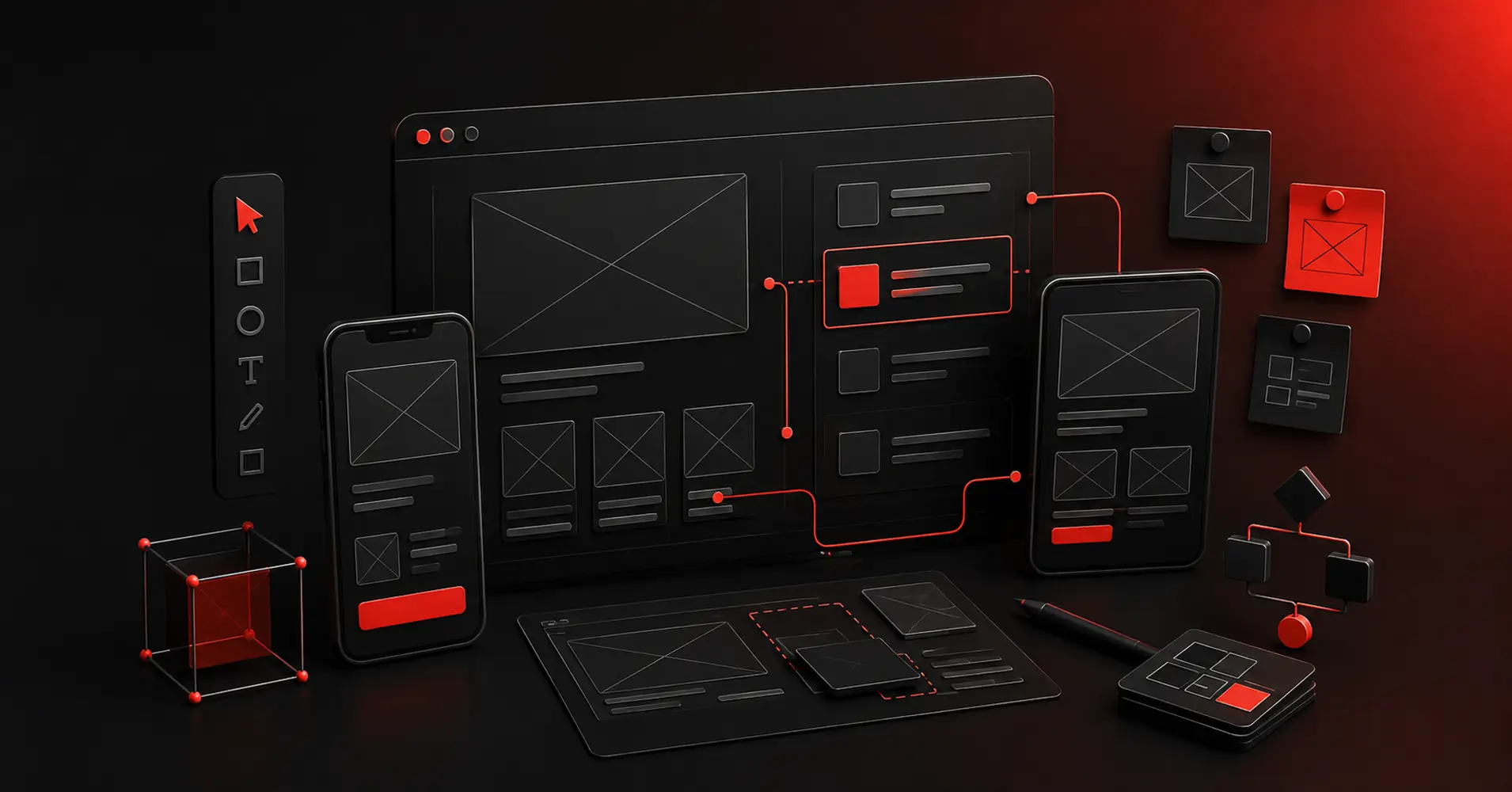 Dark red and black 3D illustration of wireframing tools and UX interface planning