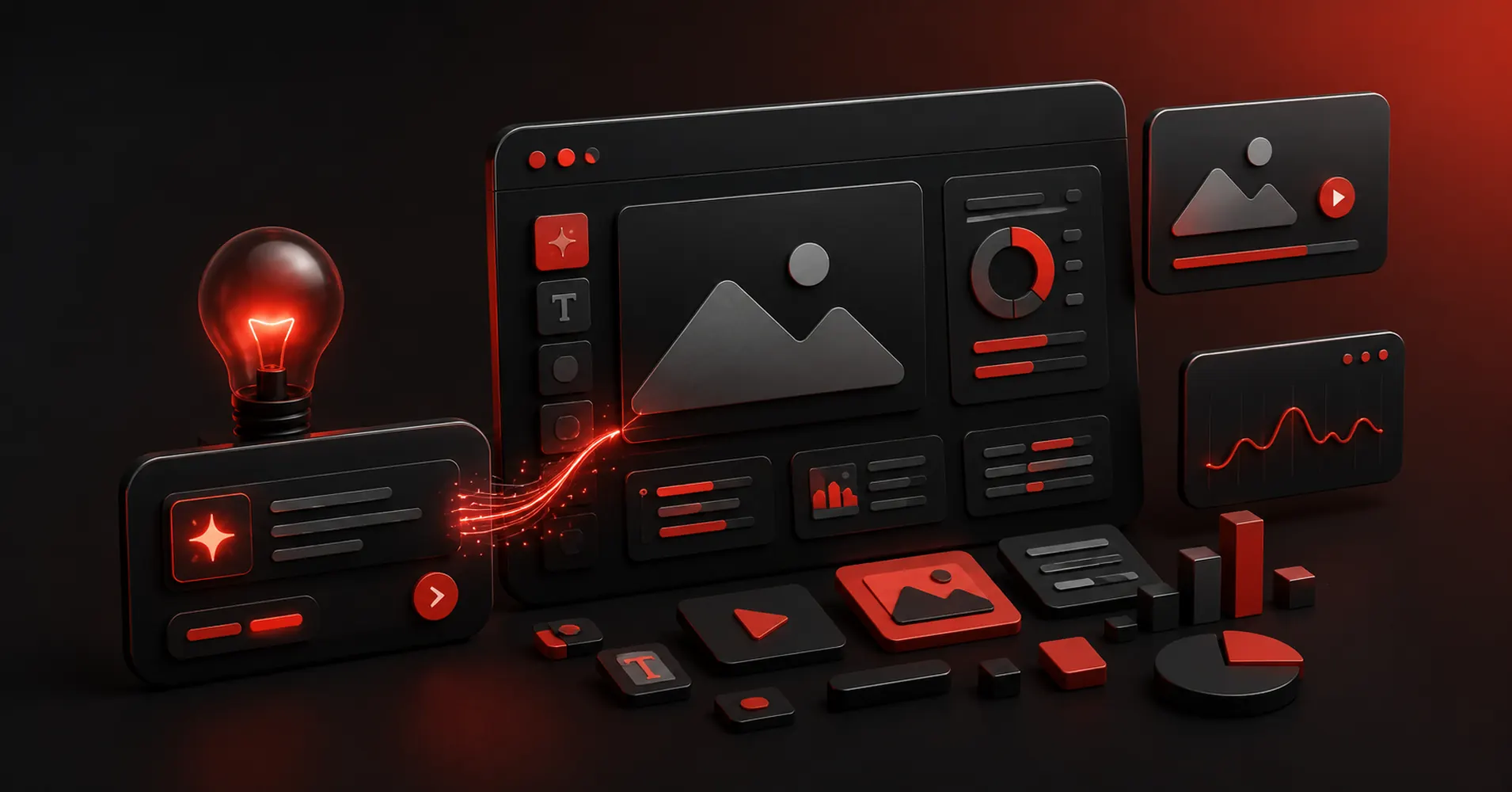 Dark red and black 3D illustration of AI design tools and creative interface workflows