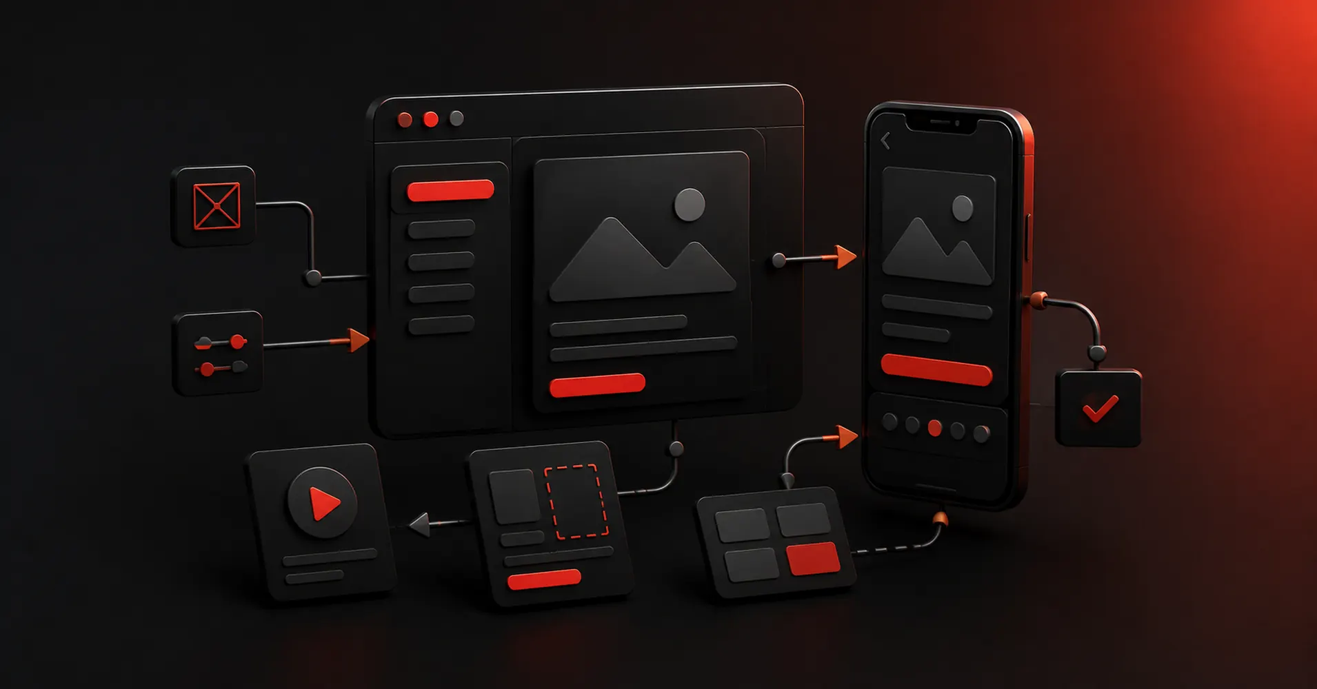 Dark red and black 3D illustration of prototyping tools and interactive UI flows