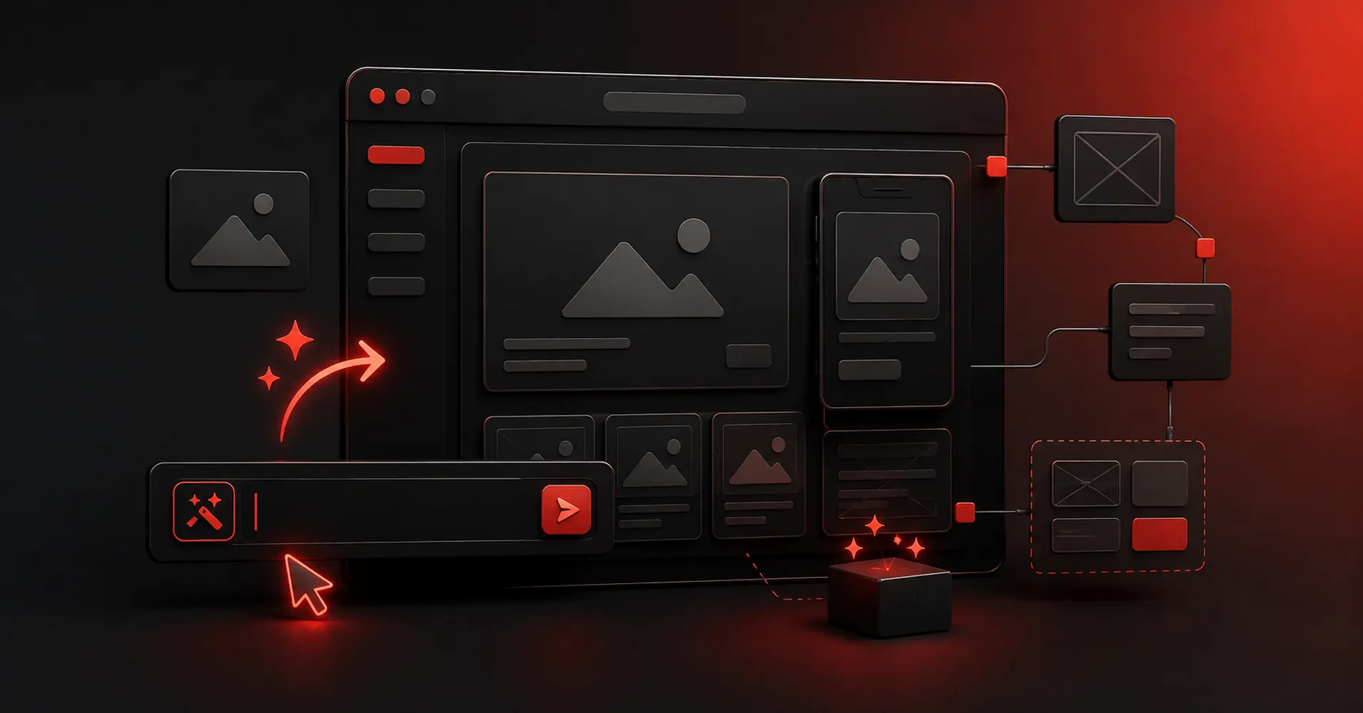 Dark red and black 3D illustration of AI-powered UI design tools and generated interfaces