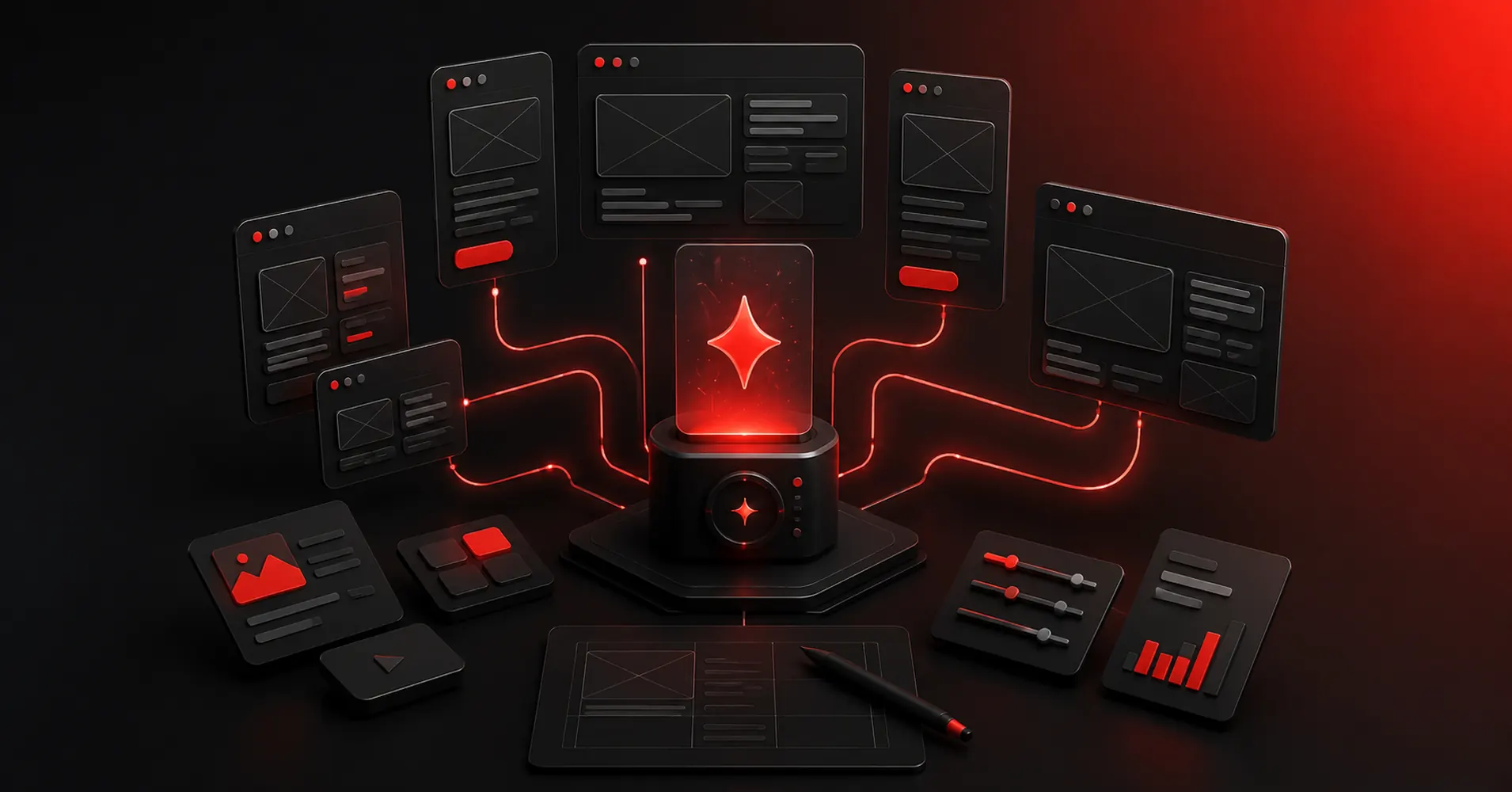 Dark red and black 3D illustration of AI wireframe generators creating interface structures