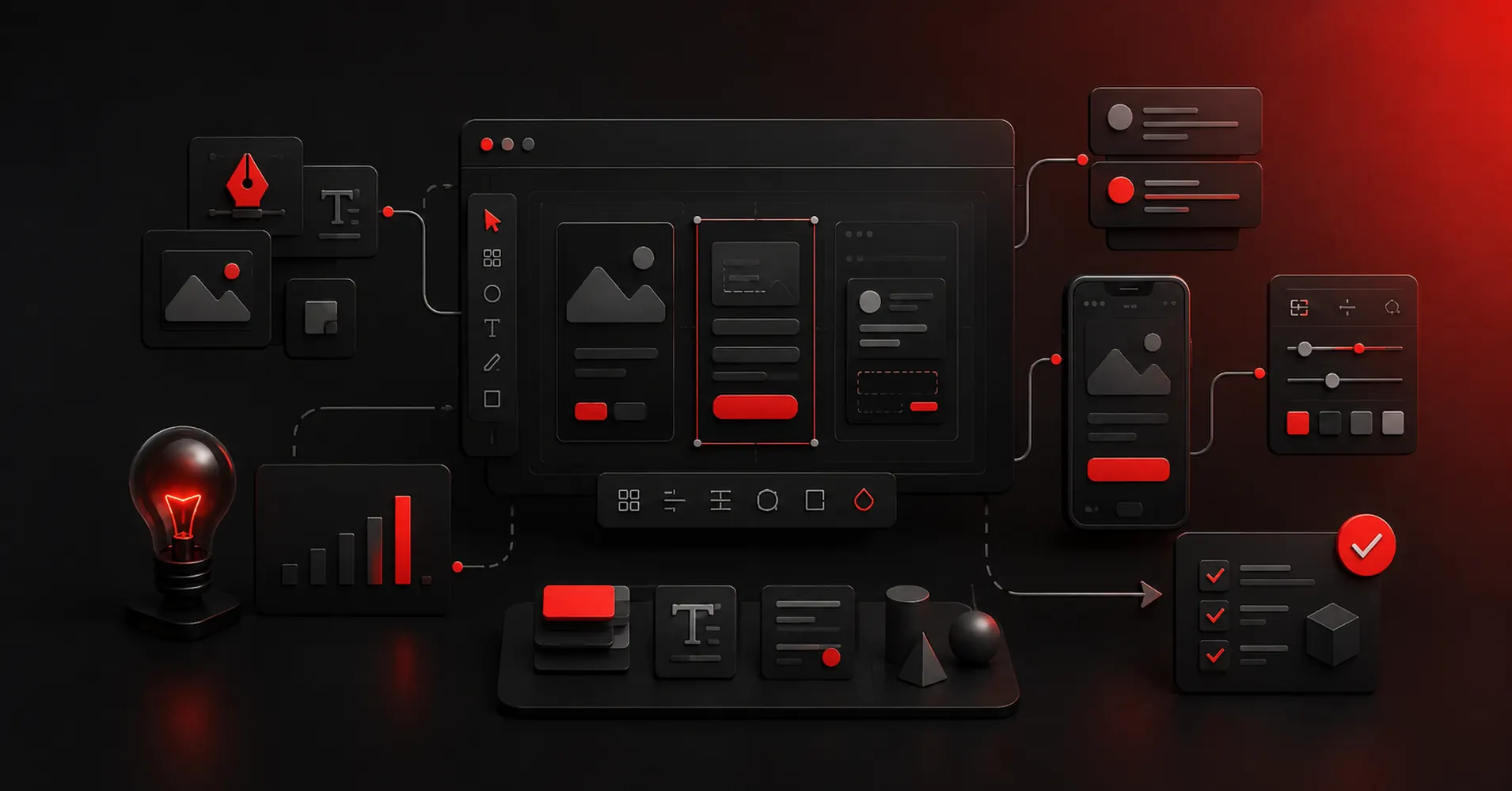 Dark red and black 3D illustration of collaborative design tools for product teams