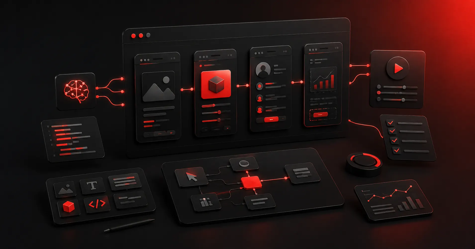 Dark red and black 3D illustration of AI prototyping tools generating interactive product concepts