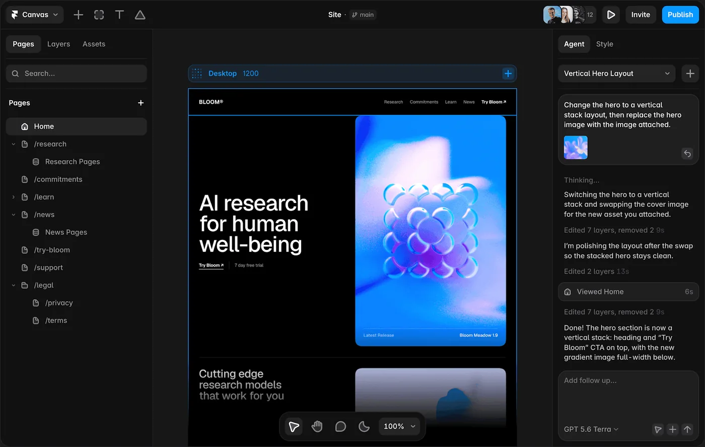 Framer website design canvas