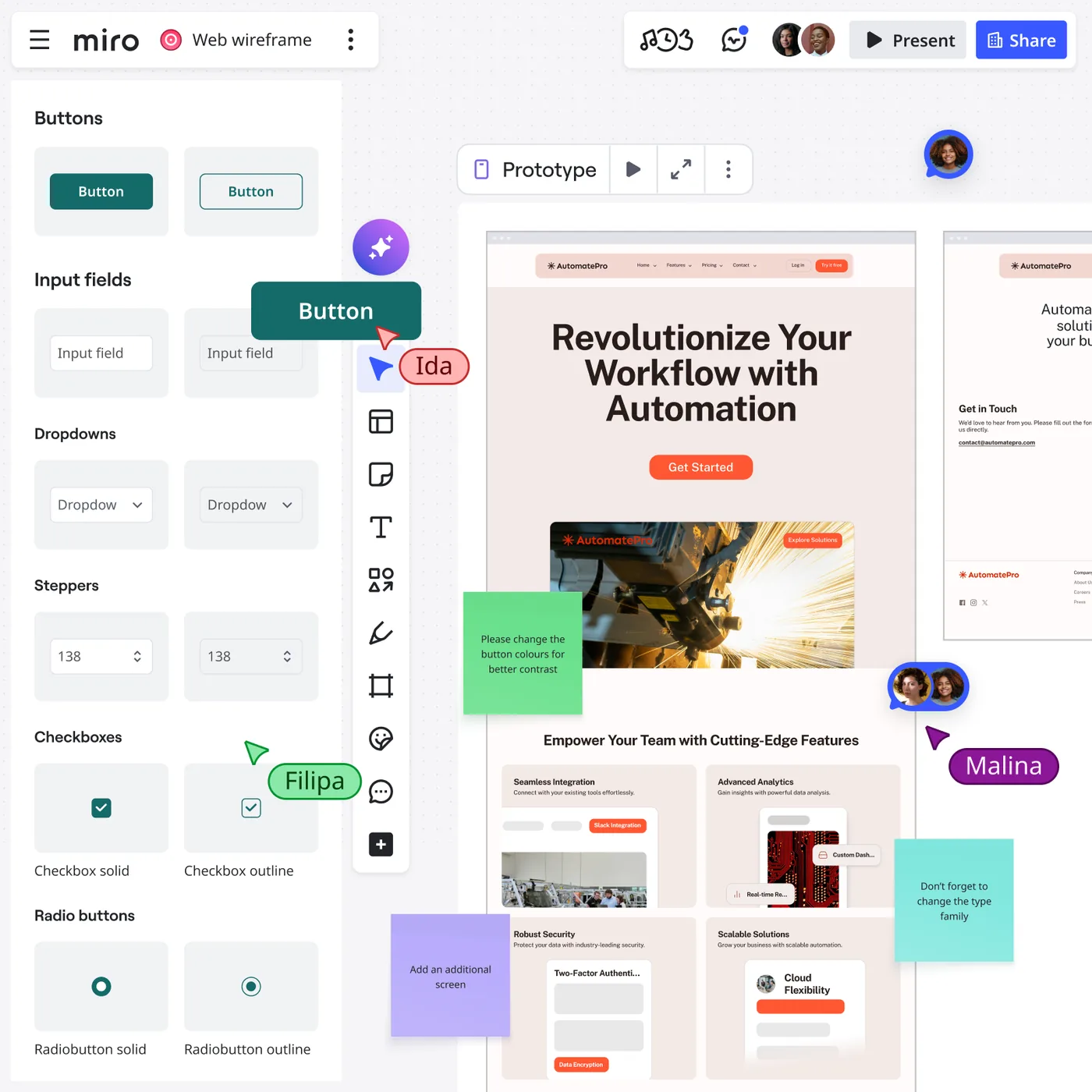 Miro collaborative wireframing board with research and interface layout
